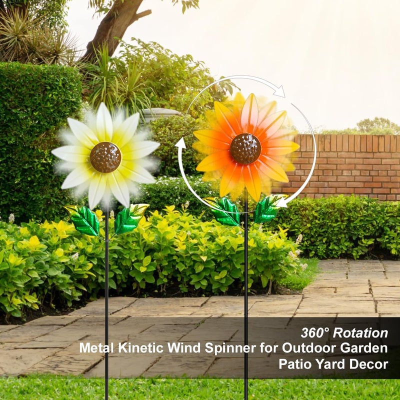 Senflame 2 Pack Metal Wind Spinners for Outdoor Decor - ​Garden Windmill Sculptures, ​Yard Art for ​Patio Lawn - ​Vibrant White Daisies & Orange Sunflowers Metal Spinners for ​Garden Decorations - Image 4